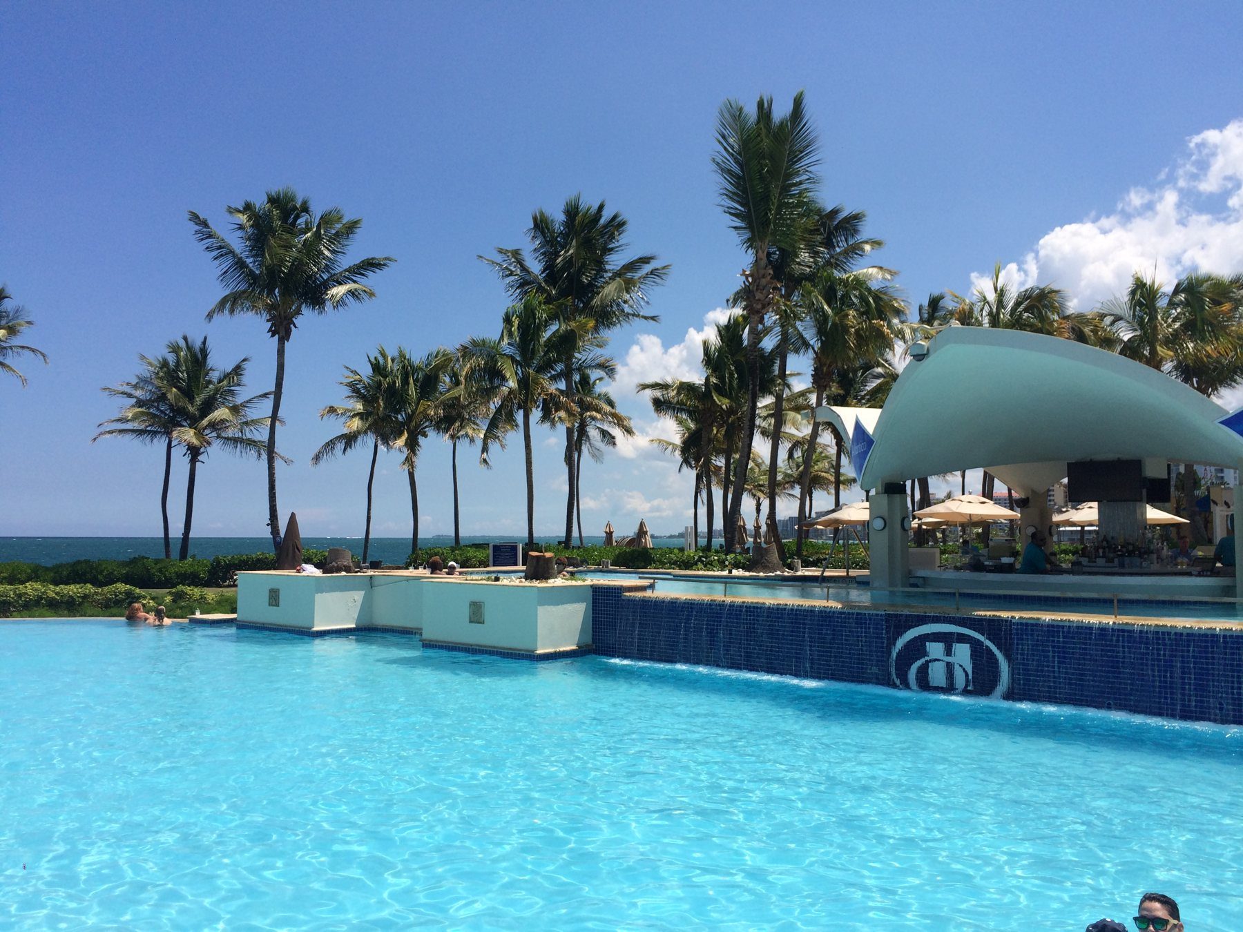 An oceanfront resort pool lined with palm trees and a swim-up bar